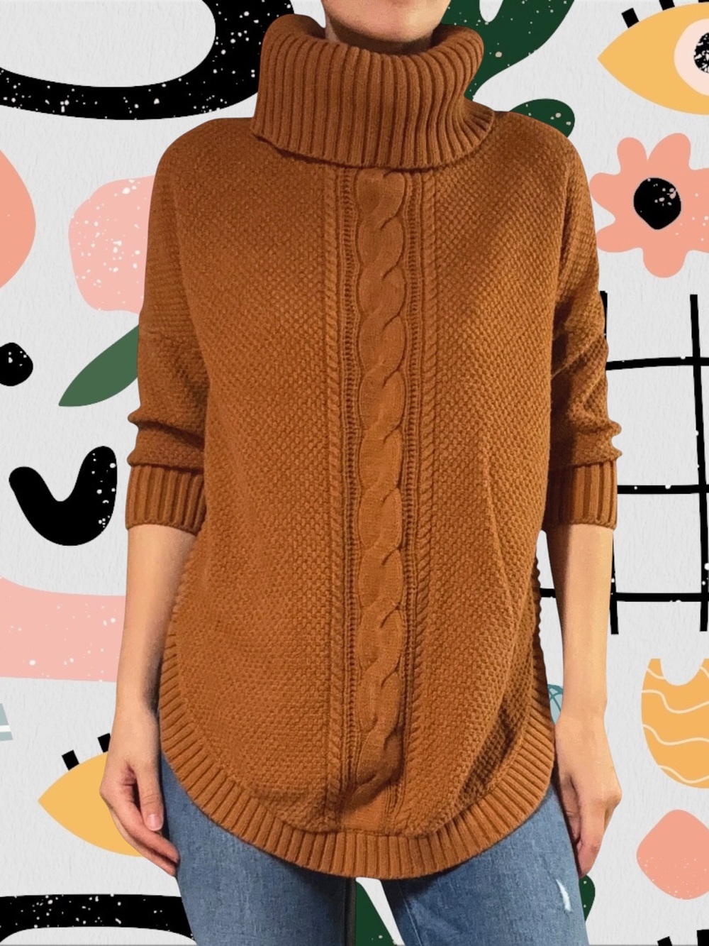 Express | Caramel Brown Knit Cropped Sleeve Turleneck Sweater with Curved Hem